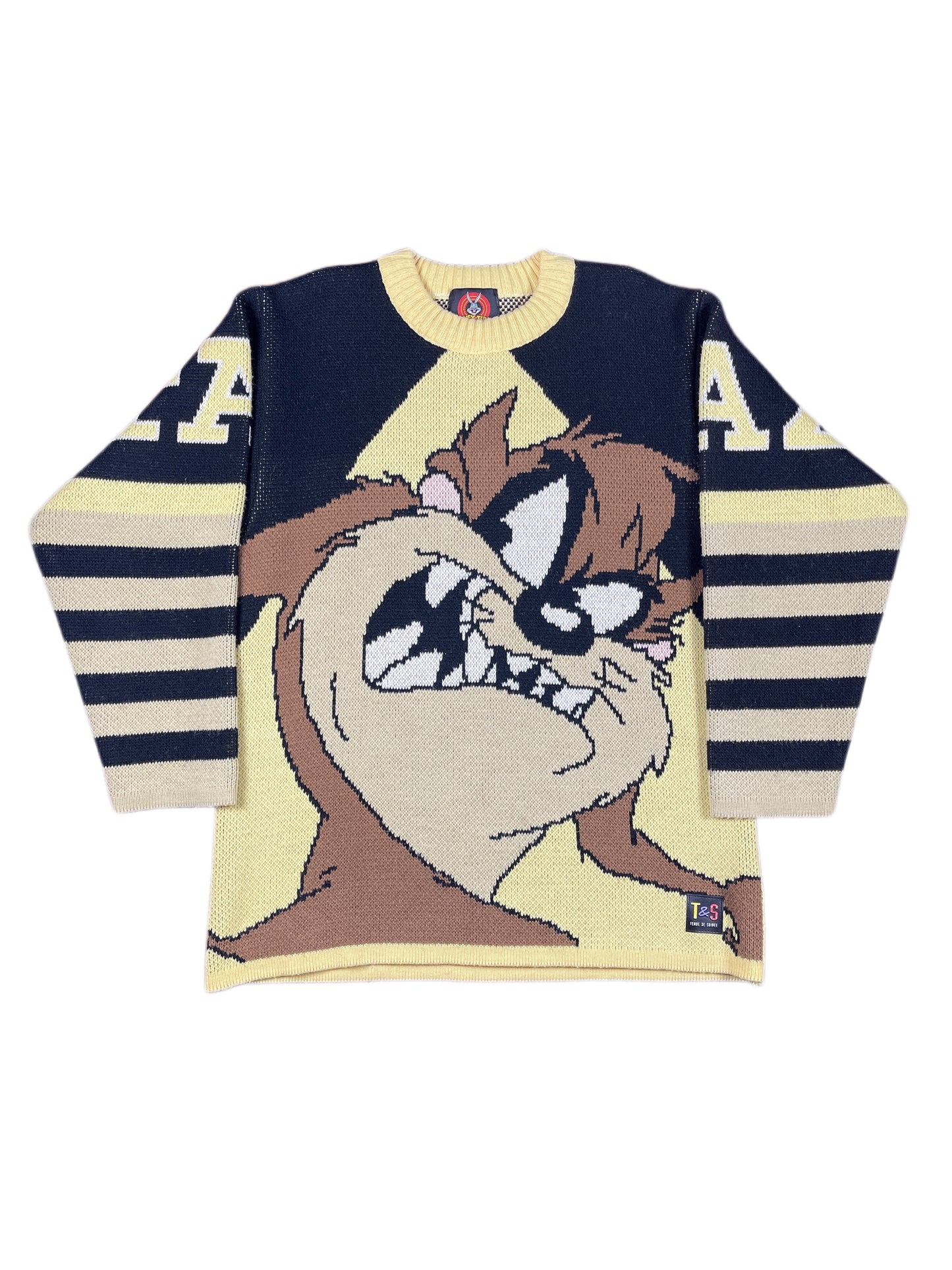 Vintage Tasmanian Devil TAZ 1997 Looney Tunes Chunky Knitted Sweatshirt Yellow Black - L