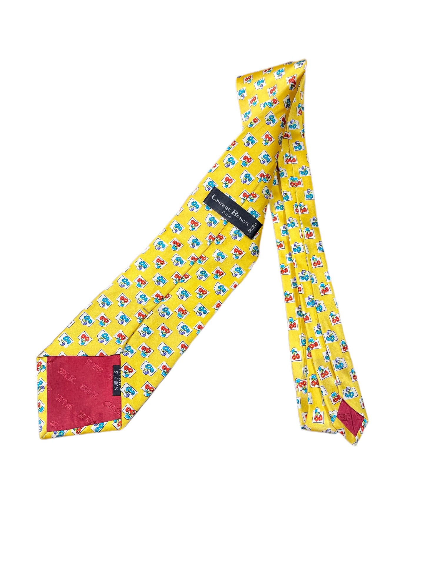 Vintage Laurant Benon Silk Tie Flowers Yellow