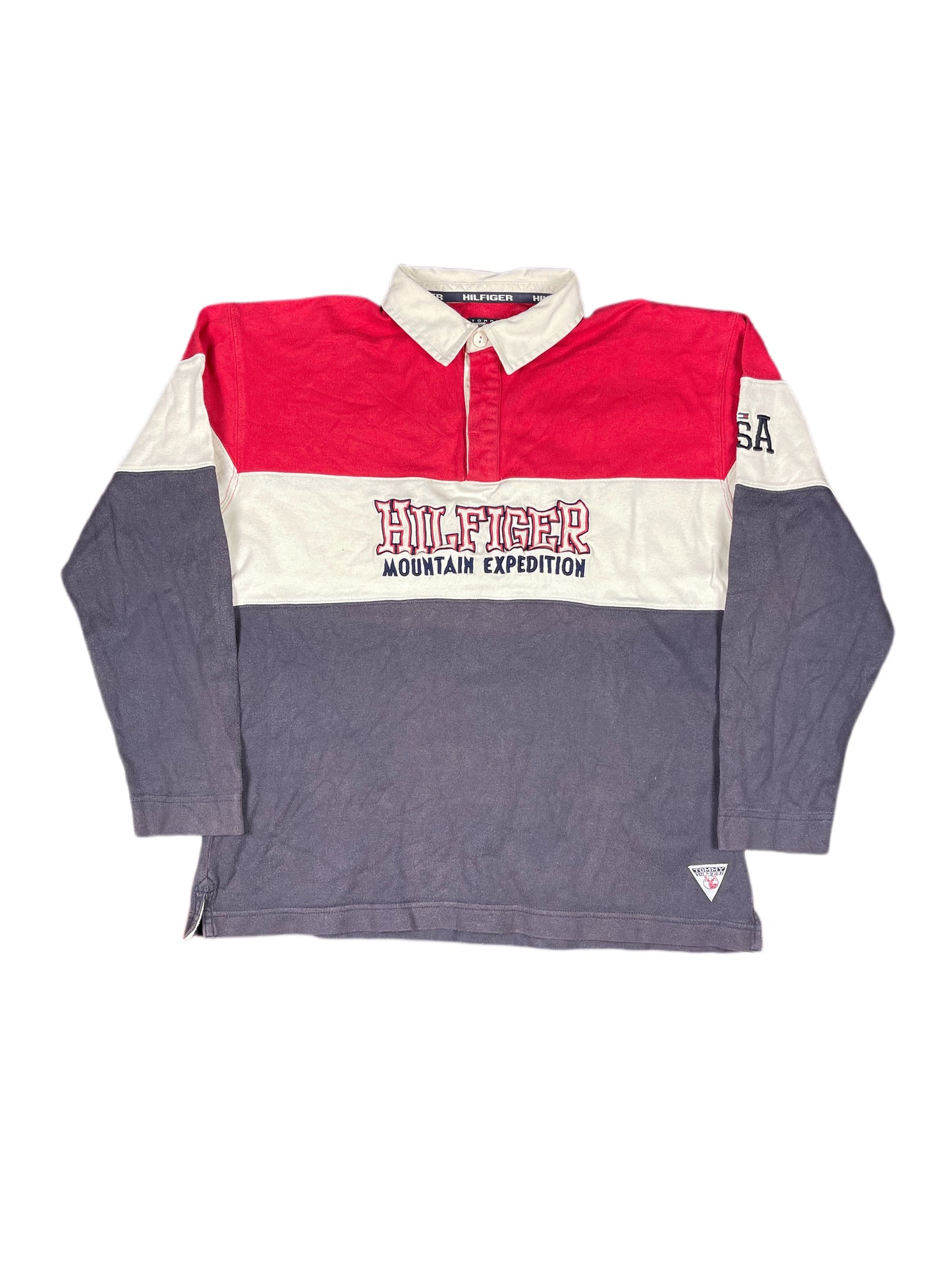 Vintage Tommy Hilfiger Long Sleeve Polo Shirt Red Navy - S