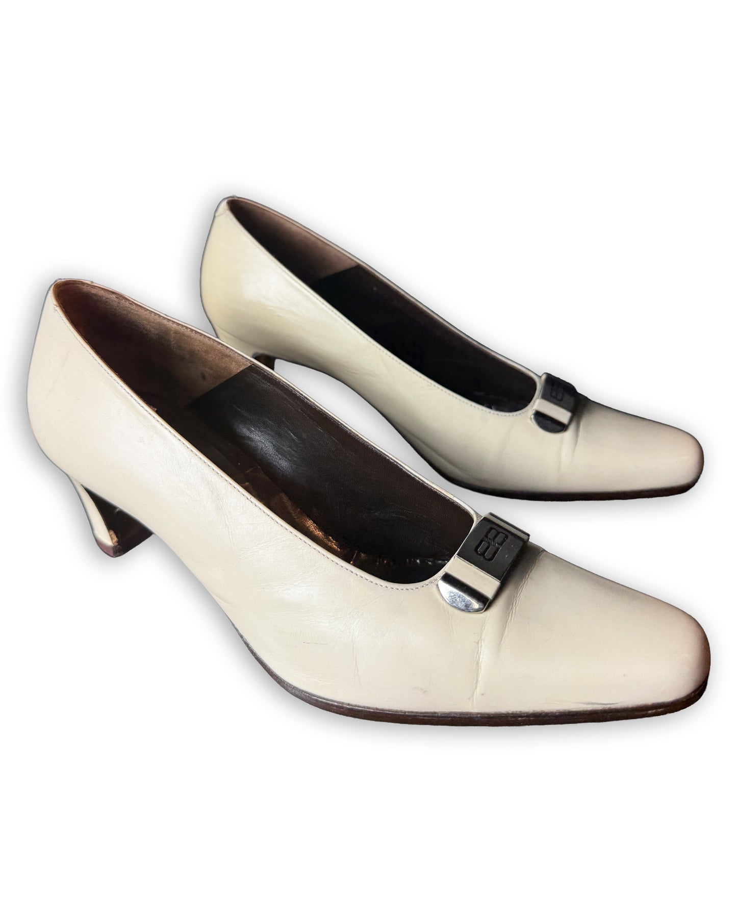 Vintage Balenciaga Off-White Leather BB Logo Buckle Pumps - EU 35