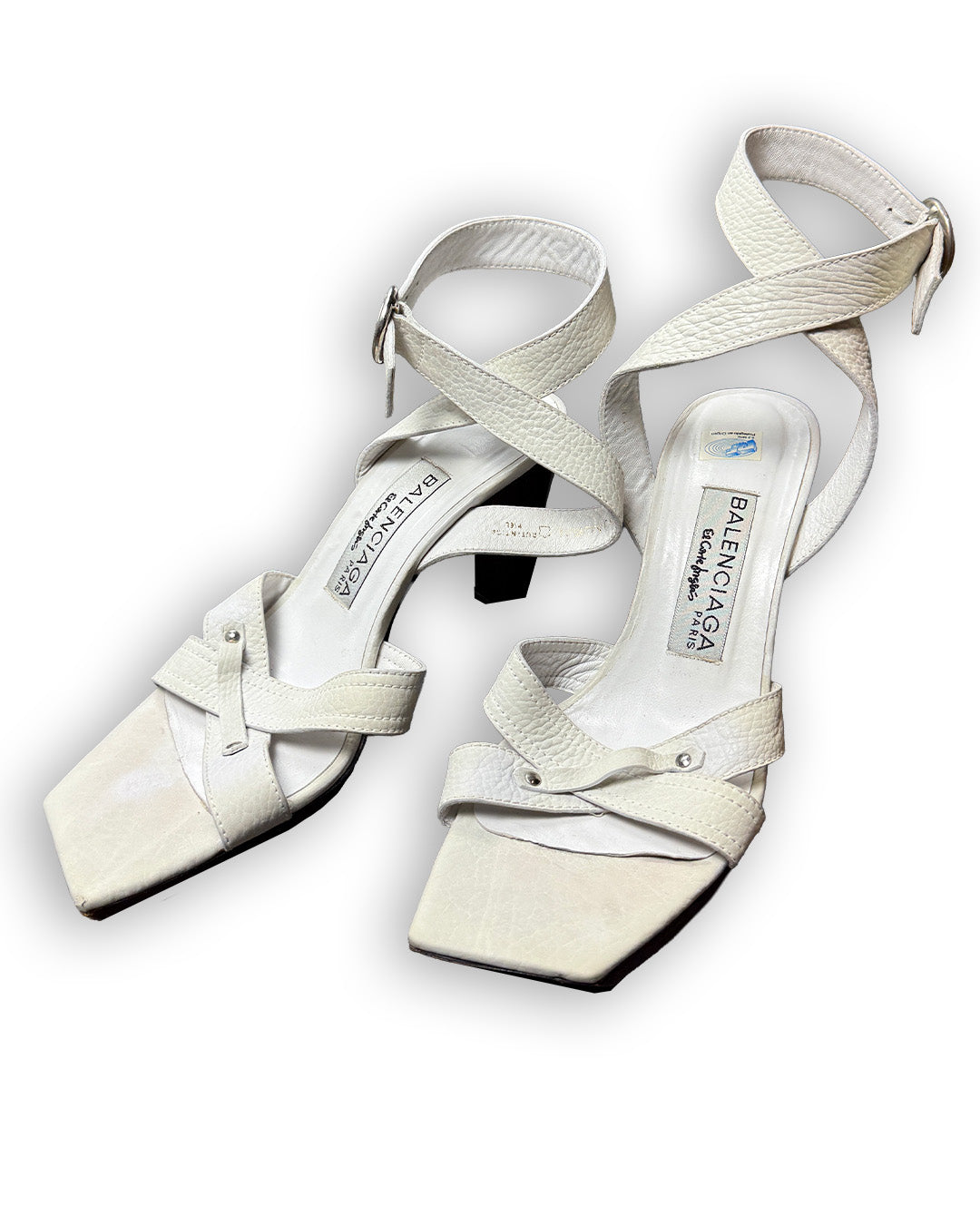 Vintage 90s Balenciaga Paris White Textured Leather Ankle-Wrap Sandals | EU 39