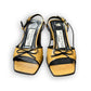 Vintage 90s Balenciaga Paris two tone beige and black square toe bow sandals front view