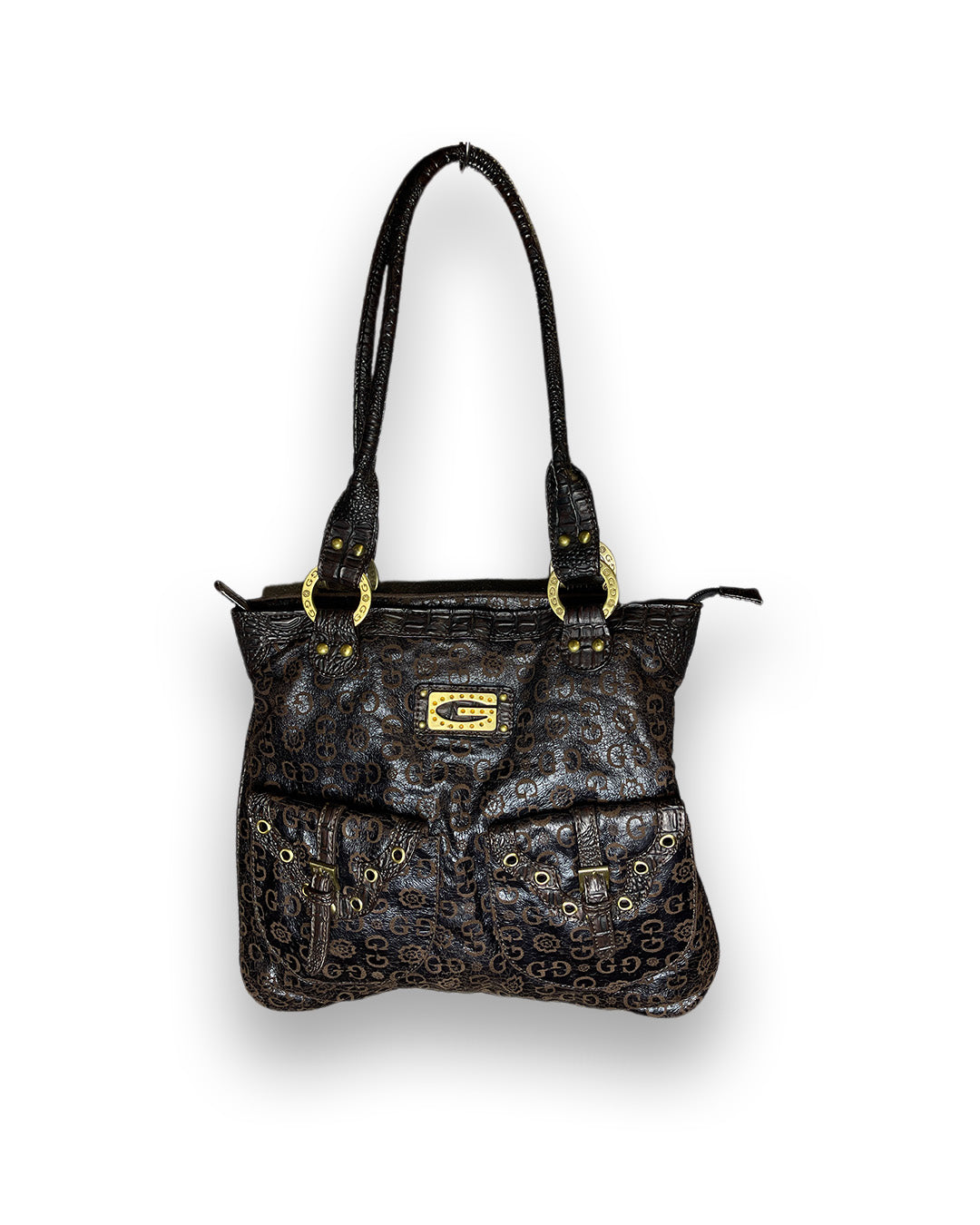 Guess Monogram Vegan Leather Shoulder Bag Brown 2000s y2k