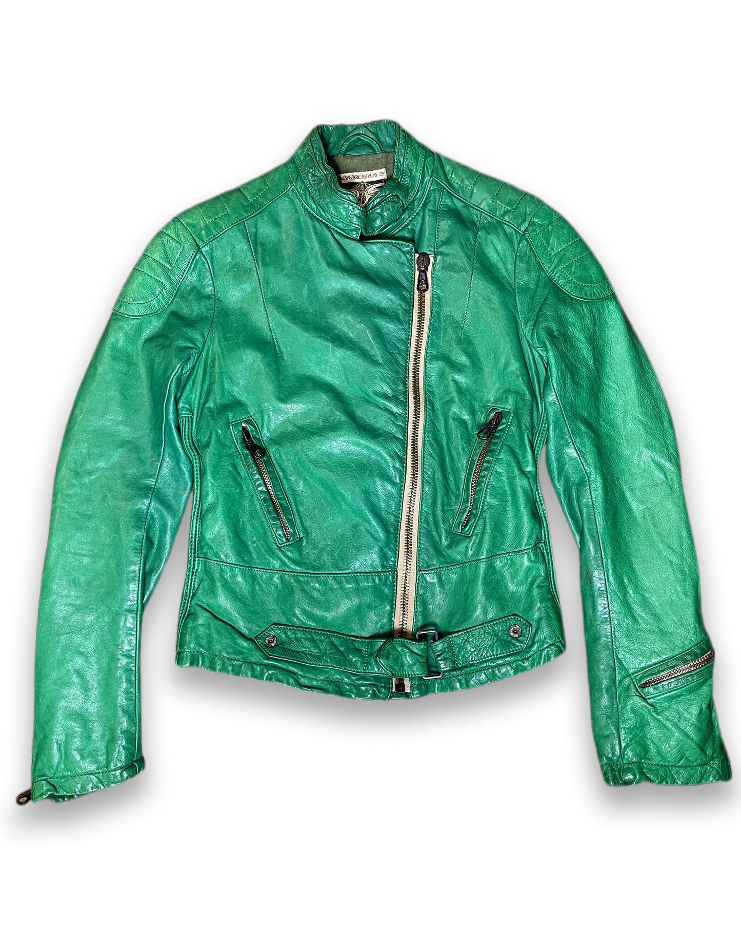 Replay Green Leather Jacket 2000s Biker | XS